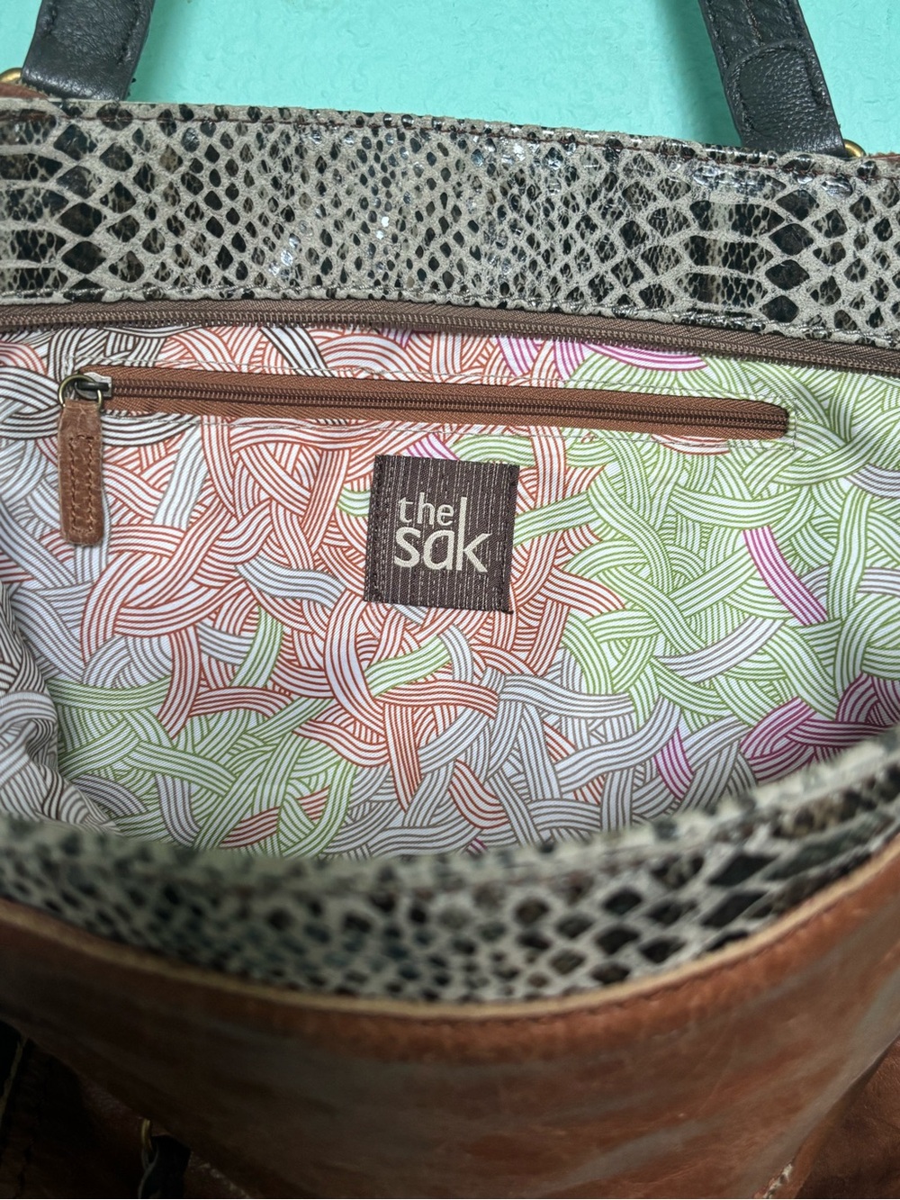 The Sak Brown Leather Tote with Snake-Print Accent and Multicolor Lining